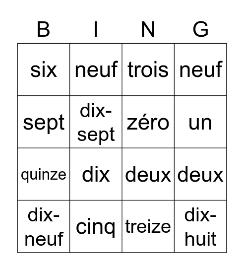 Numbers in French 0-20 Bingo Card