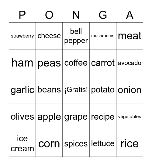 La comida Bingo Card