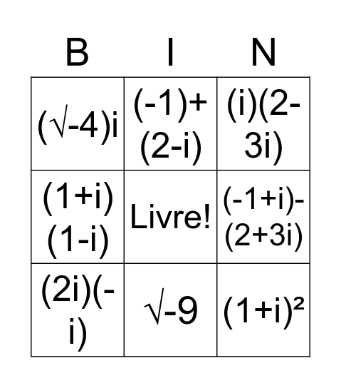 Numeros Complexos Bingo Card