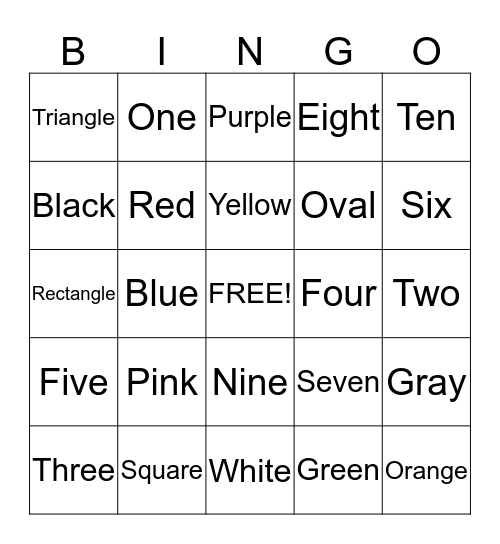 Colors, Numbers, and shapes Bingo Card