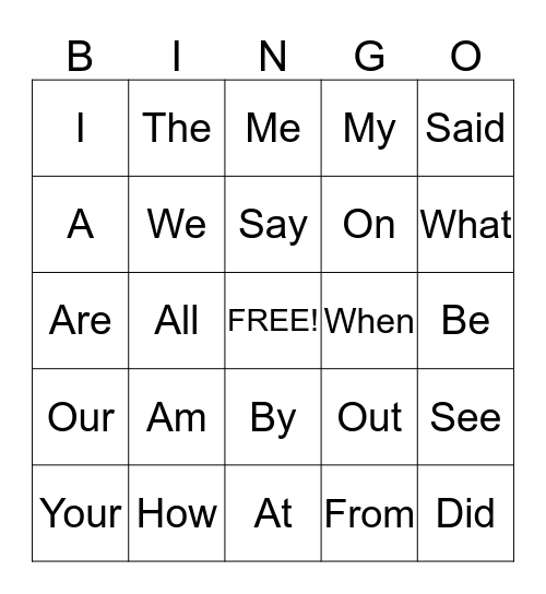 Sight Word BINGO Card