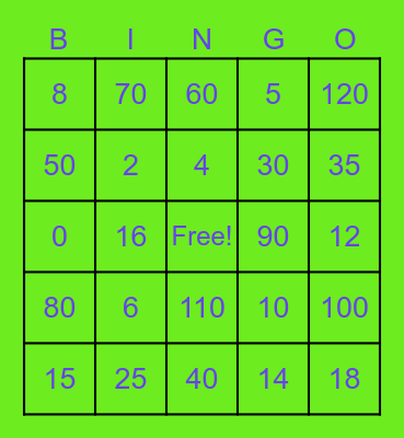 Multiplication Bingo (10, 5, 2) Bingo Card