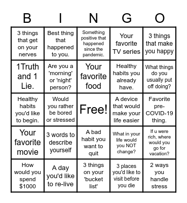 Conversation topics Bingo Card