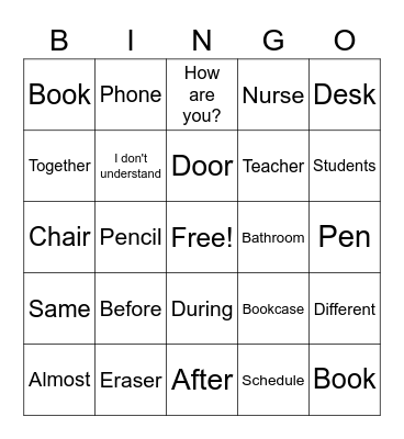 ENL 8 School Vocabulary Bingo Card