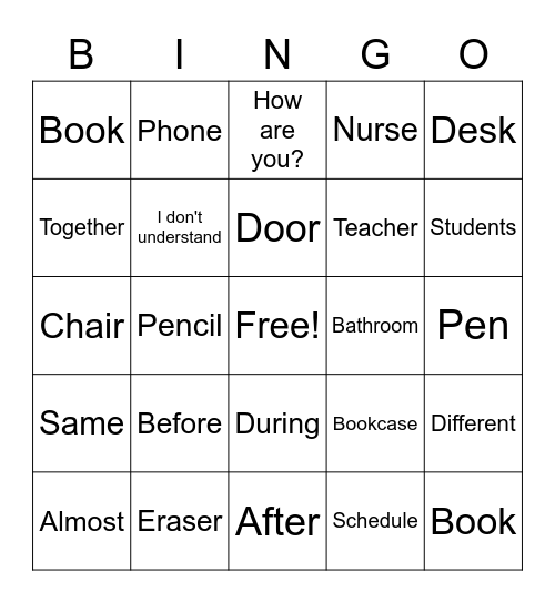 ENL 8 School Vocabulary Bingo Card