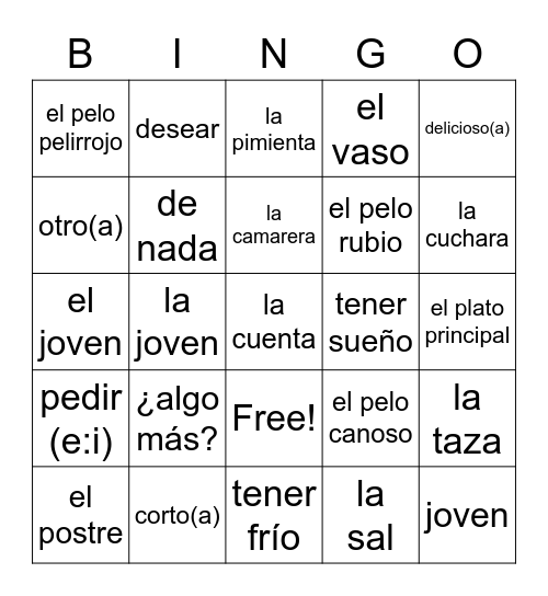 Chapter5B En el Restaurante Vocabulary Bingo Card