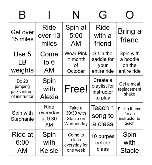 Cycle Barn Studio Bingo Card