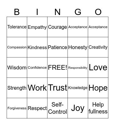 Virtues Bingo  Bingo Card