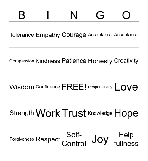 Virtues Bingo  Bingo Card