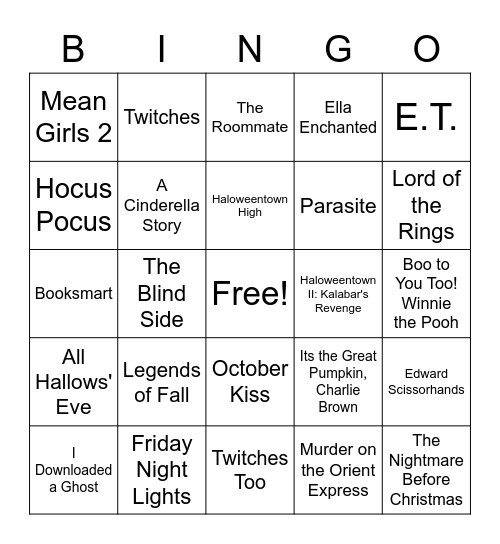 Fall Movie Bingo Card