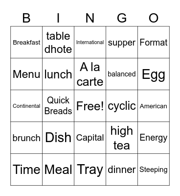 Meal Planning Bingo Card