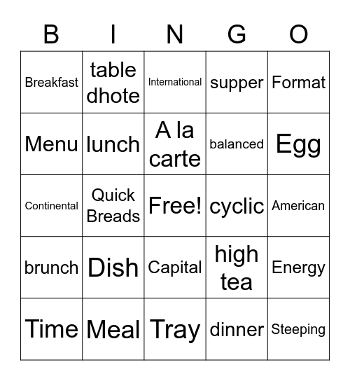 Meal Planning Bingo Card