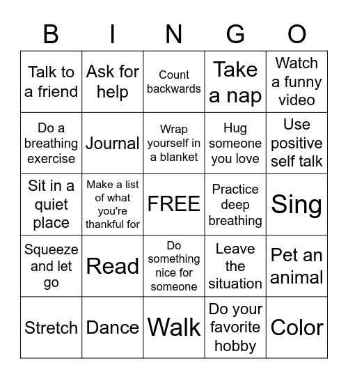 Coping Skills Bingo Card