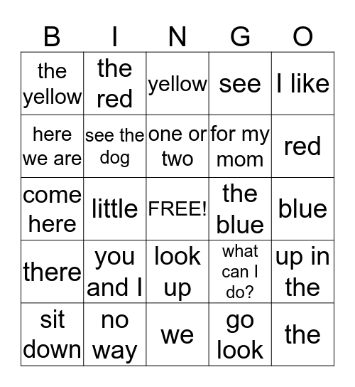 Kindergarten Sight Word and Fluency Phrase Bingo  Bingo Card
