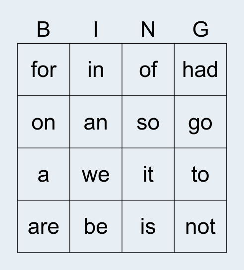 Sight Word Bingo 1 Bingo Card