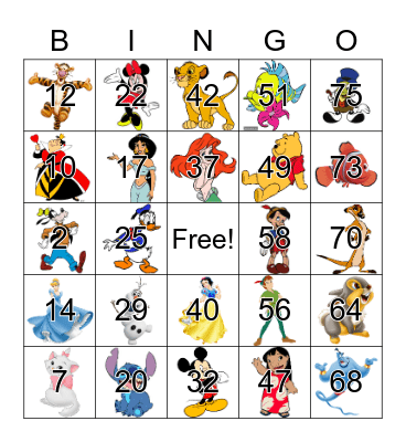 Disney Character Bingo Card