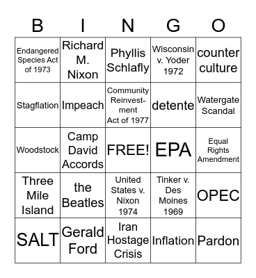 Nixon, Ford, Carter Bingo Card