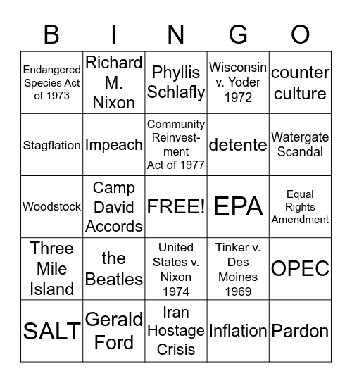 Nixon, Ford, Carter Bingo Card