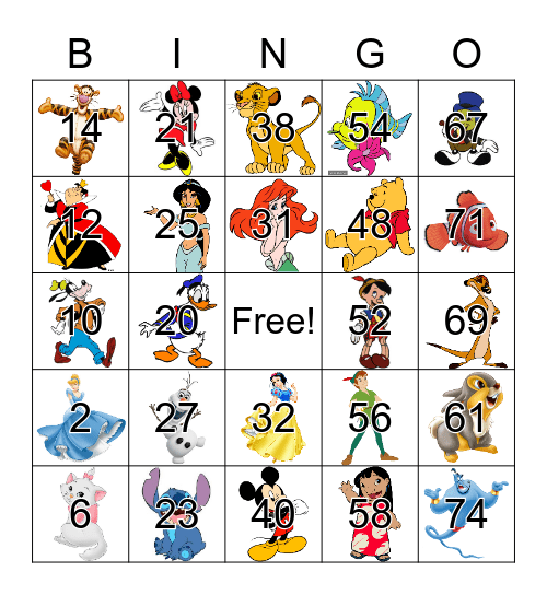 Disney Character Bingo Card