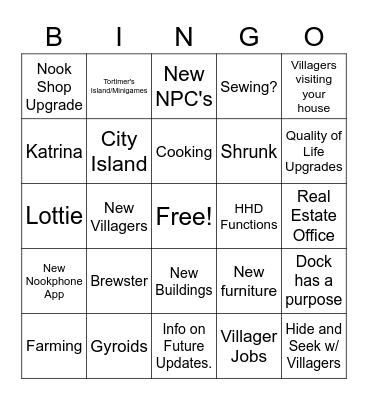 Animal Crossing Direct Bingo Card