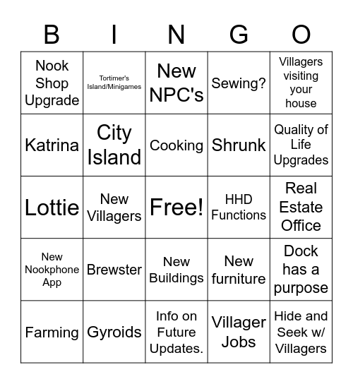 Animal Crossing Direct Bingo Card