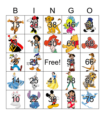 Disney Character Bingo Card
