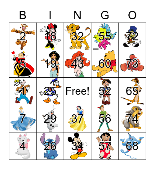 Disney Character Bingo Card