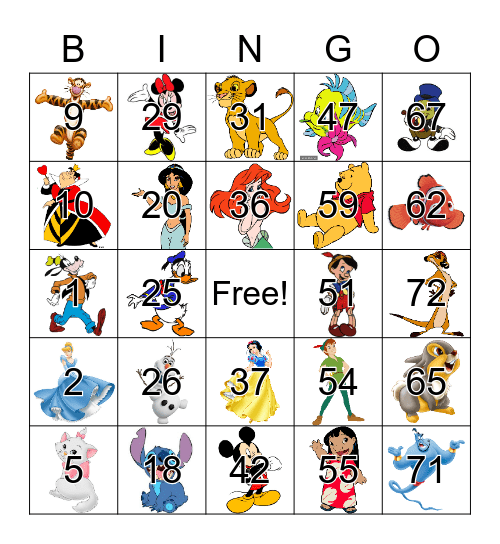 Disney Character Bingo Card