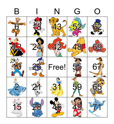Disney Character Bingo Card