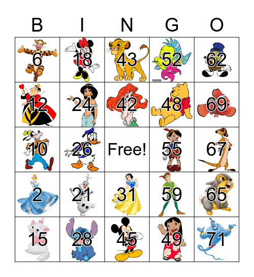 Disney Character Bingo Card