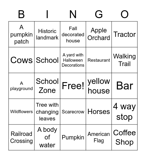 Bus Ride Bingo Card