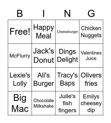 Freds Does McDonalds Bingo Card