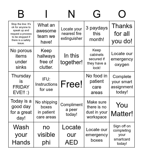 Safety and More... Bingo Card