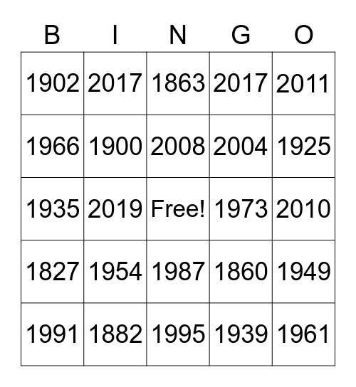 Years Bingo Card