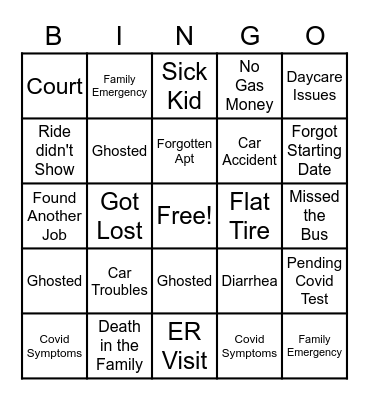 Excuse Bingo Card