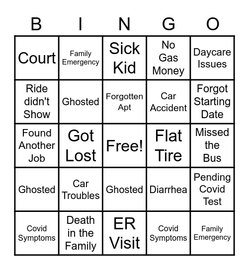 Excuse Bingo Card