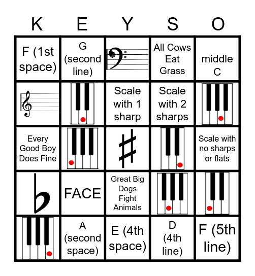 Piano Basics Bingo Card