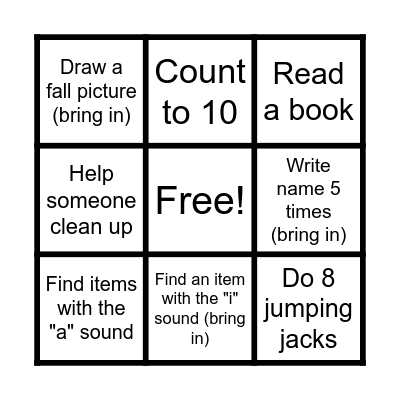 Fall Break! Bingo Card