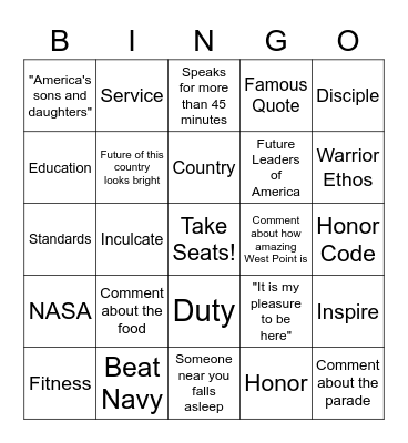 Thayer Dinner Bingo Card