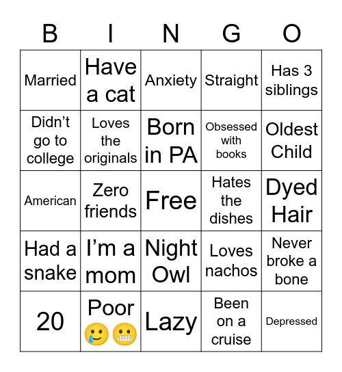 About Me Bingo Card