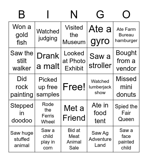 Rock County 4-H Fair Bingo Card