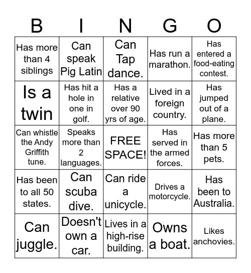 Get to Know your Team - BINGO Card