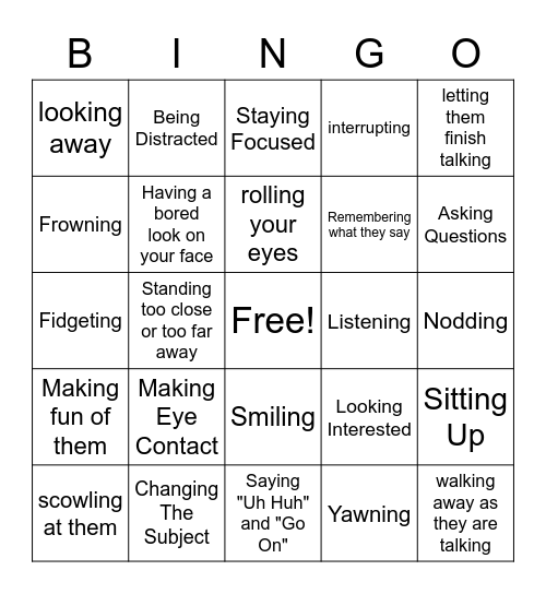Active Listening Bingo Card