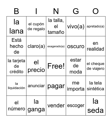 L2Ch2B ¿Qué ropa compraste? Vocabulary Bingo Card