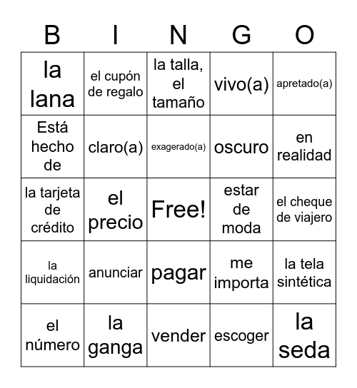 L2Ch2B ¿Qué ropa compraste? Vocabulary Bingo Card