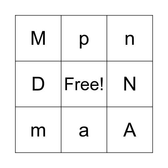 Letter Bingo - Tt, Pp, Nn, Aa, Mm, Dd Bingo Card