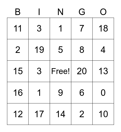 NUMBER BINGO Card