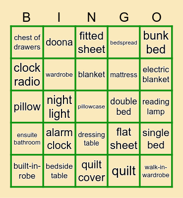BEDROOM Bingo Card