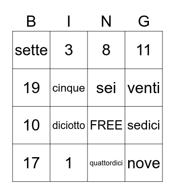i numeri italiani Bingo Card
