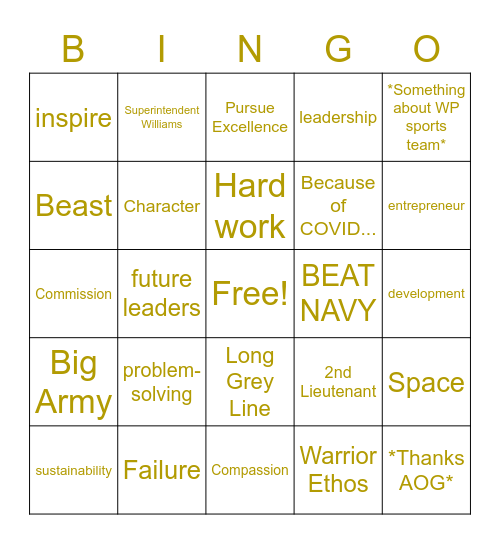 Thayer Award Din Din Bingo Card